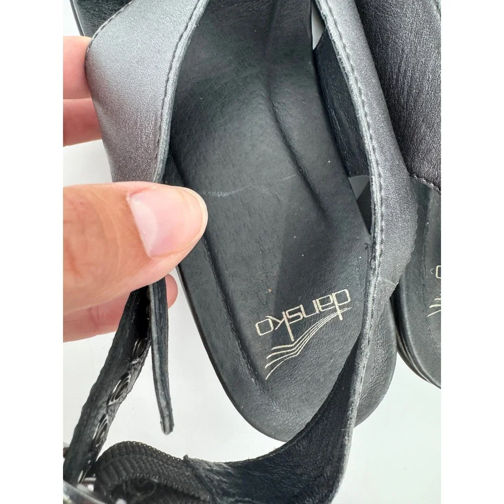Dansko Sandal Women 37 Silver Metallic Leather Platform Wedge Slingback